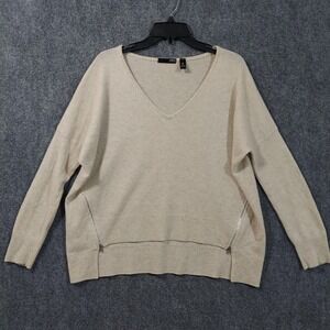 Aqua Cashmere Sweater Womens XS Oatmeal V Neck 100%‎ Cashmere Side Zip Pullover
